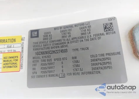 2017 Chevrolet Silverado 1500 Wt z USA, uszkodzony, nr VIN 1GCNKNEC2HZ274503